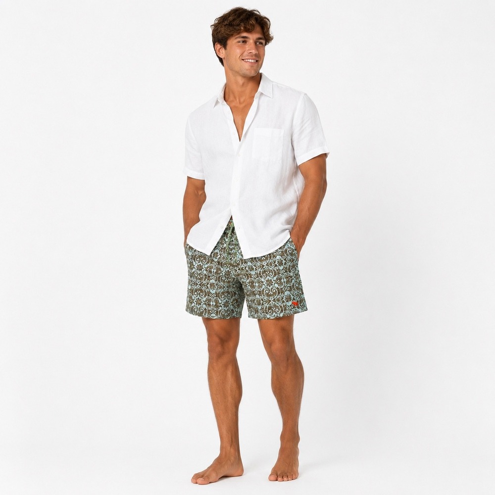 Ted Baker Blue Brown Damask Lobster Lining Designer Swim Trunks Men's Size L